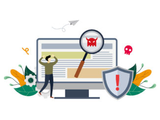 Virus malware detected on PC concept, viruses attack warning signs, hacking alert messages with small people vector flat illustration, suitable for background, advertising illustration